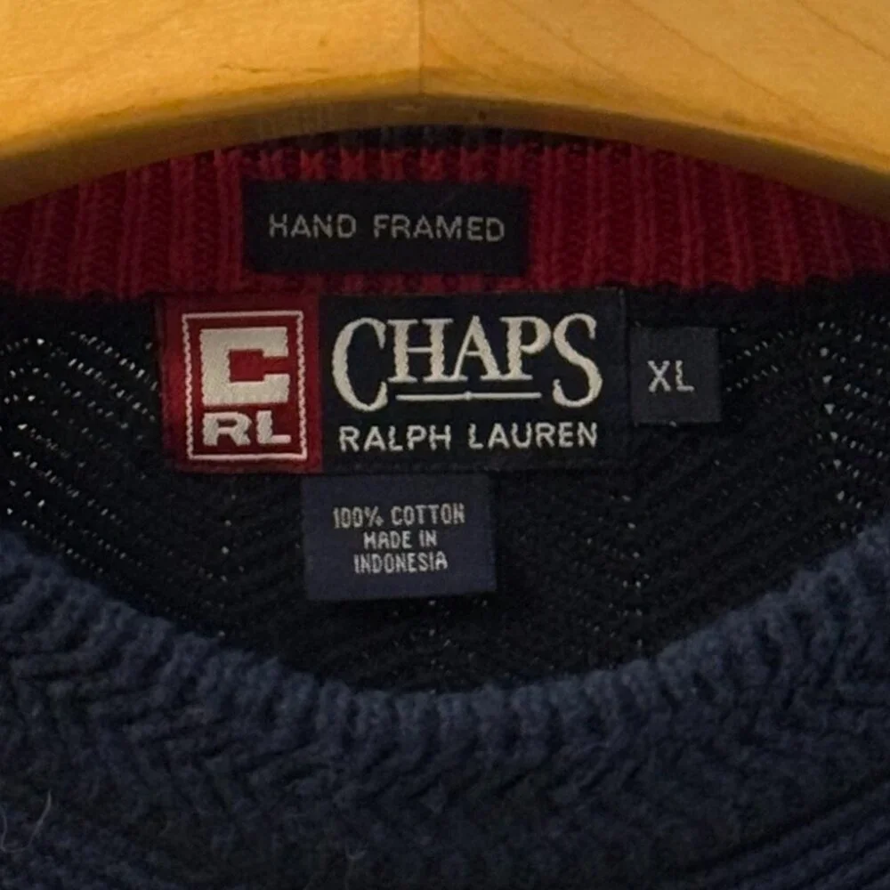 Vtg Chaps Ralph Lauren Hand Framed Rib Knit Cotton Sweater Navy Gold Crown XL